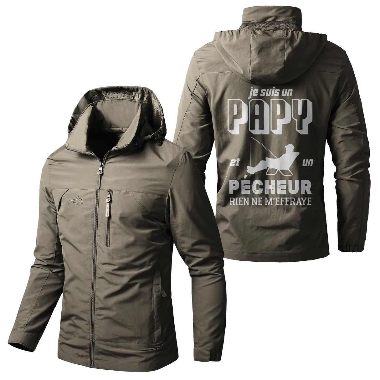Veste imperméable pêche noire à capuche, slogan Je suis un papy pêcheur rien ne m'effraye, prénom personnalisé