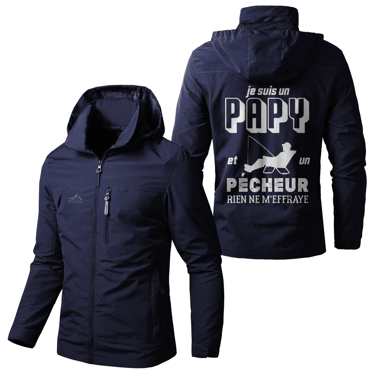 Veste imperméable pêche kaki à capuche, slogan Je suis un papy pêcheur rien ne m'effraye, prénom personnalisé