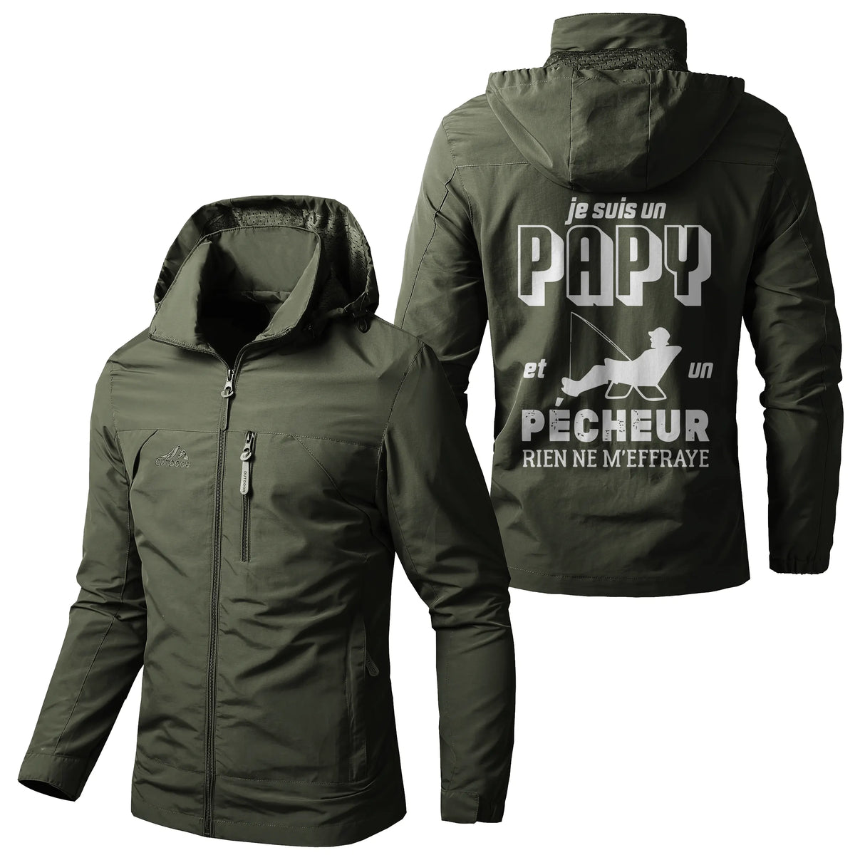 Veste imperméable pêche marine à capuche, slogan Je suis un papy pêcheur rien ne m'effraye, prénom personnalisé