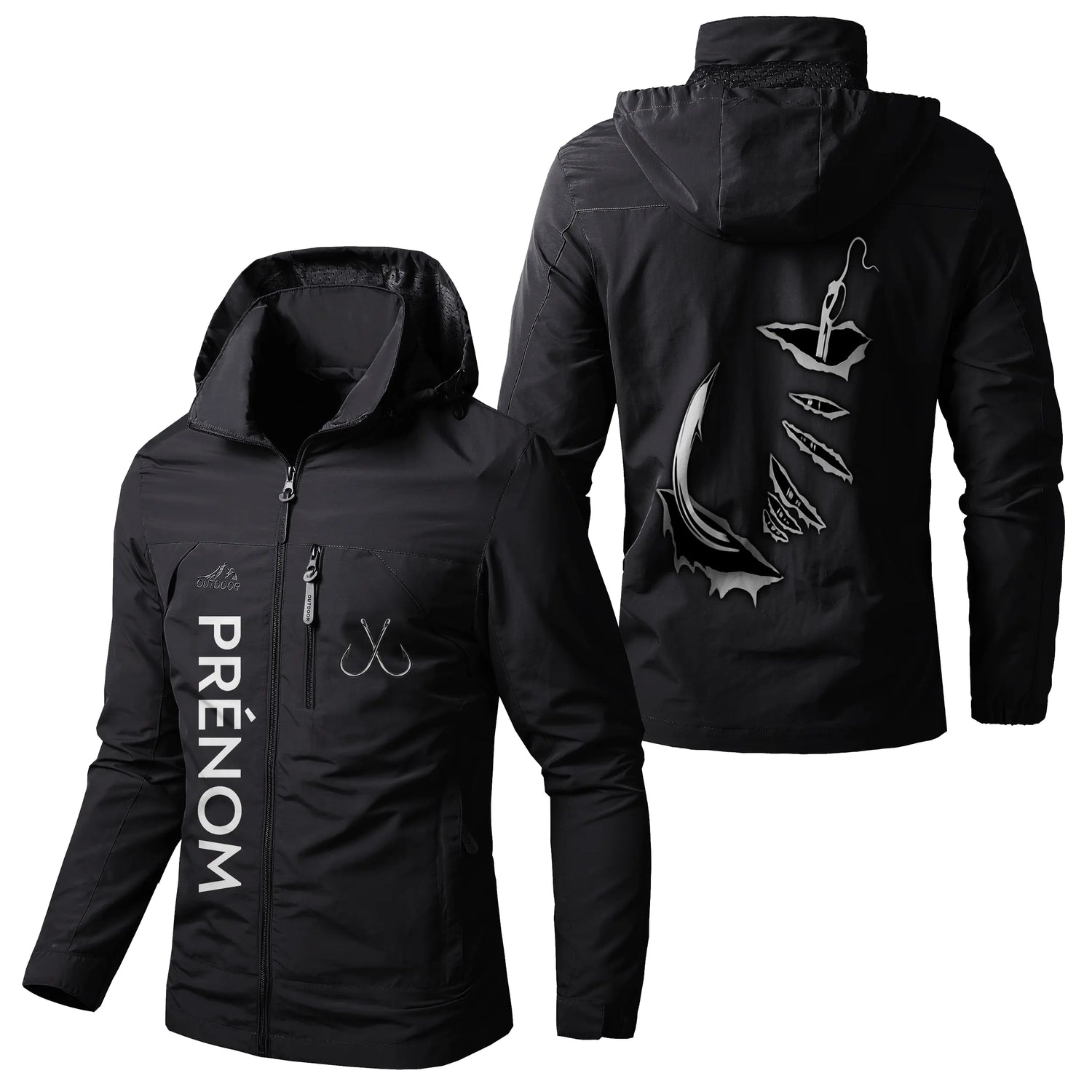 Veste Imperméable et Coupe-Vent Personnalisée - Hameçon De Pêche, Crochet De Poisson 3D - CT05092358 Noir