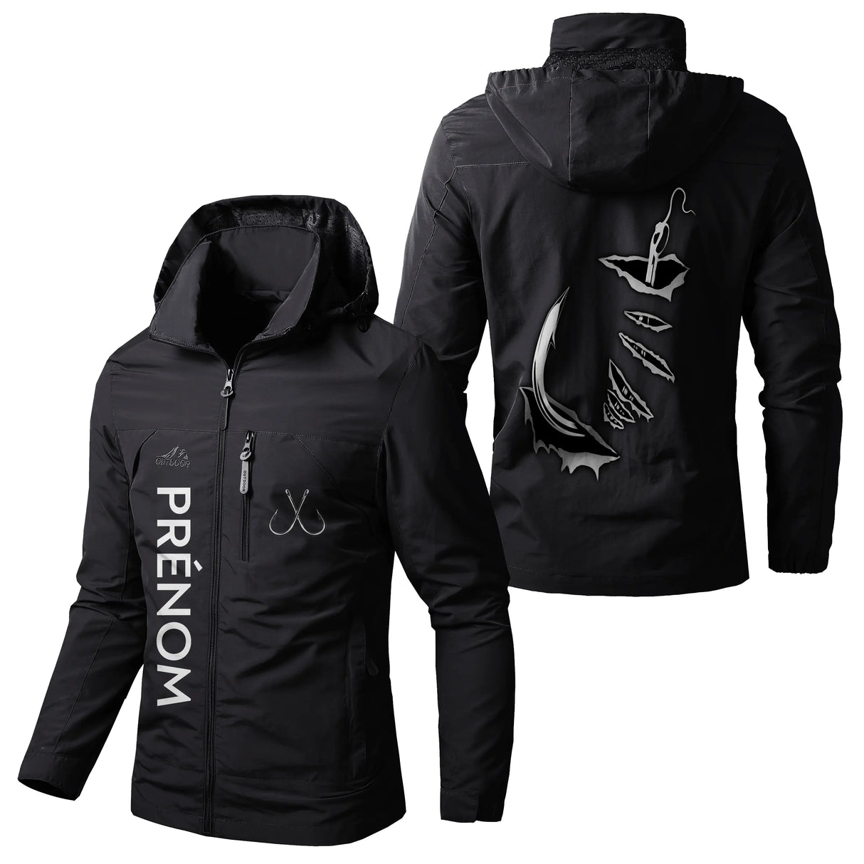Veste pêche noire à capuche, motif hameçon crochet 3D, prénom personnalisé