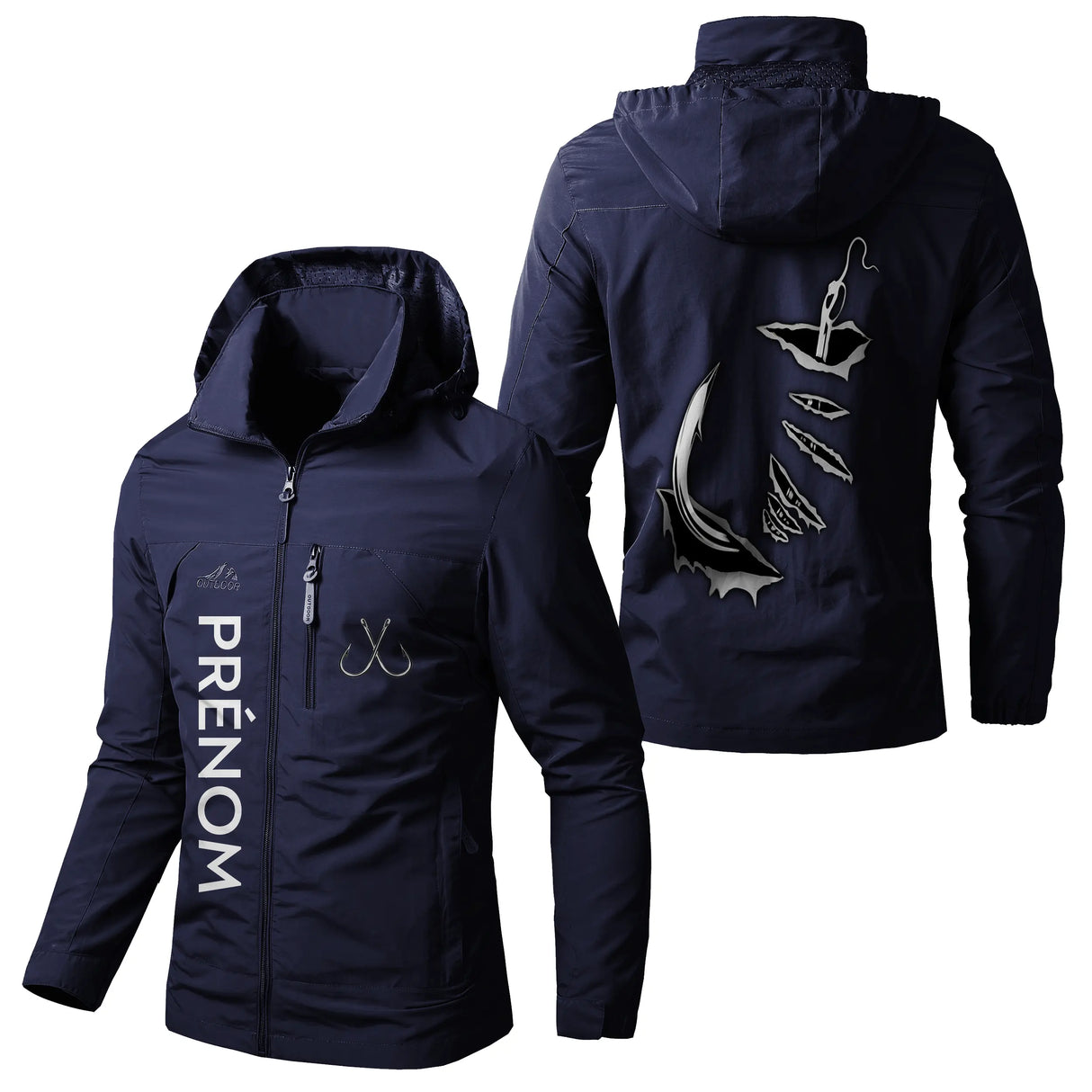 Veste pêche marine à capuche, hameçon de pêche en relief 3D, prénom personnalisé