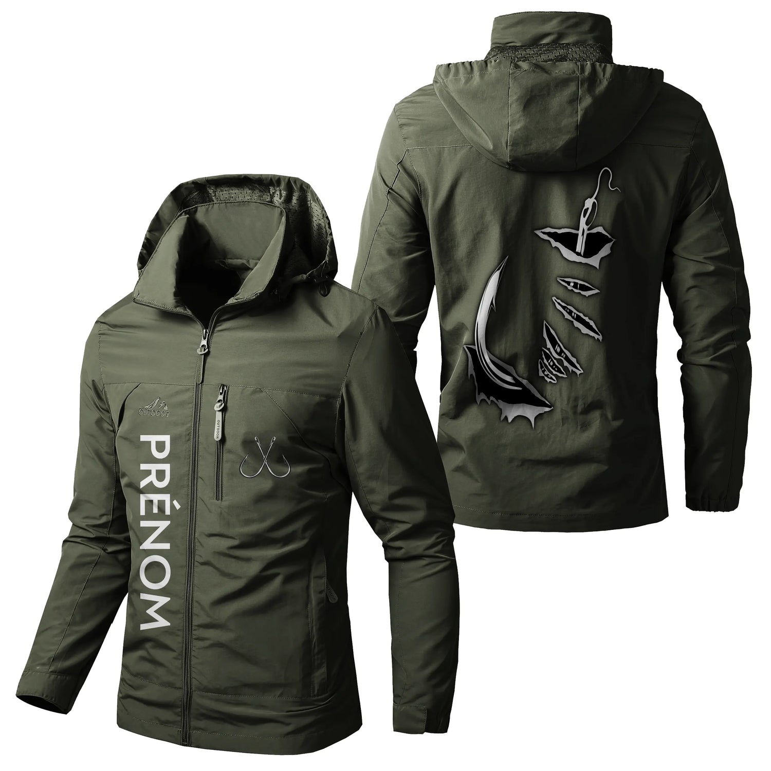 Veste Imperméable et Coupe-Vent Personnalisée - Hameçon De Pêche, Crochet De Poisson 3D - CT05092358 Vert Armée