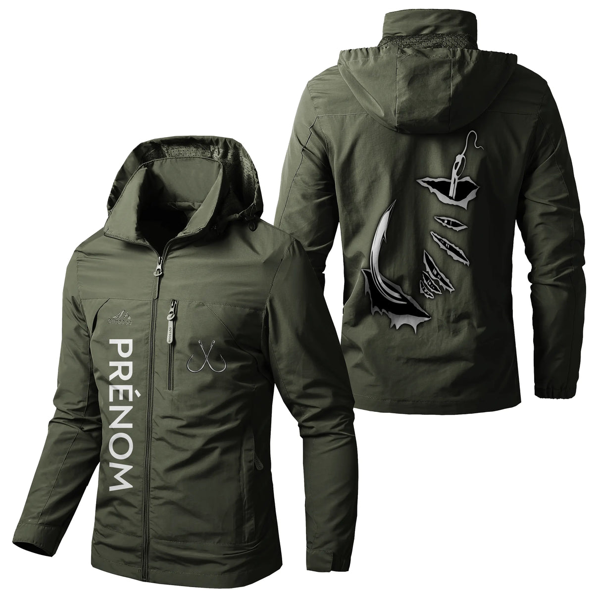 Veste pêche vert militaire à capuche, hameçon de pêche et crochet de poisson 3D, prénom personnalisé