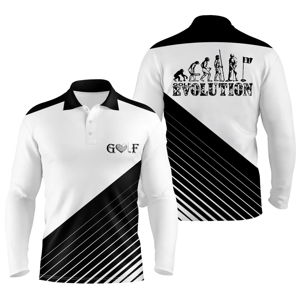 Polo golf Evolution Golfer noir blanc humour, design contrasté frise évolutionniste détournée