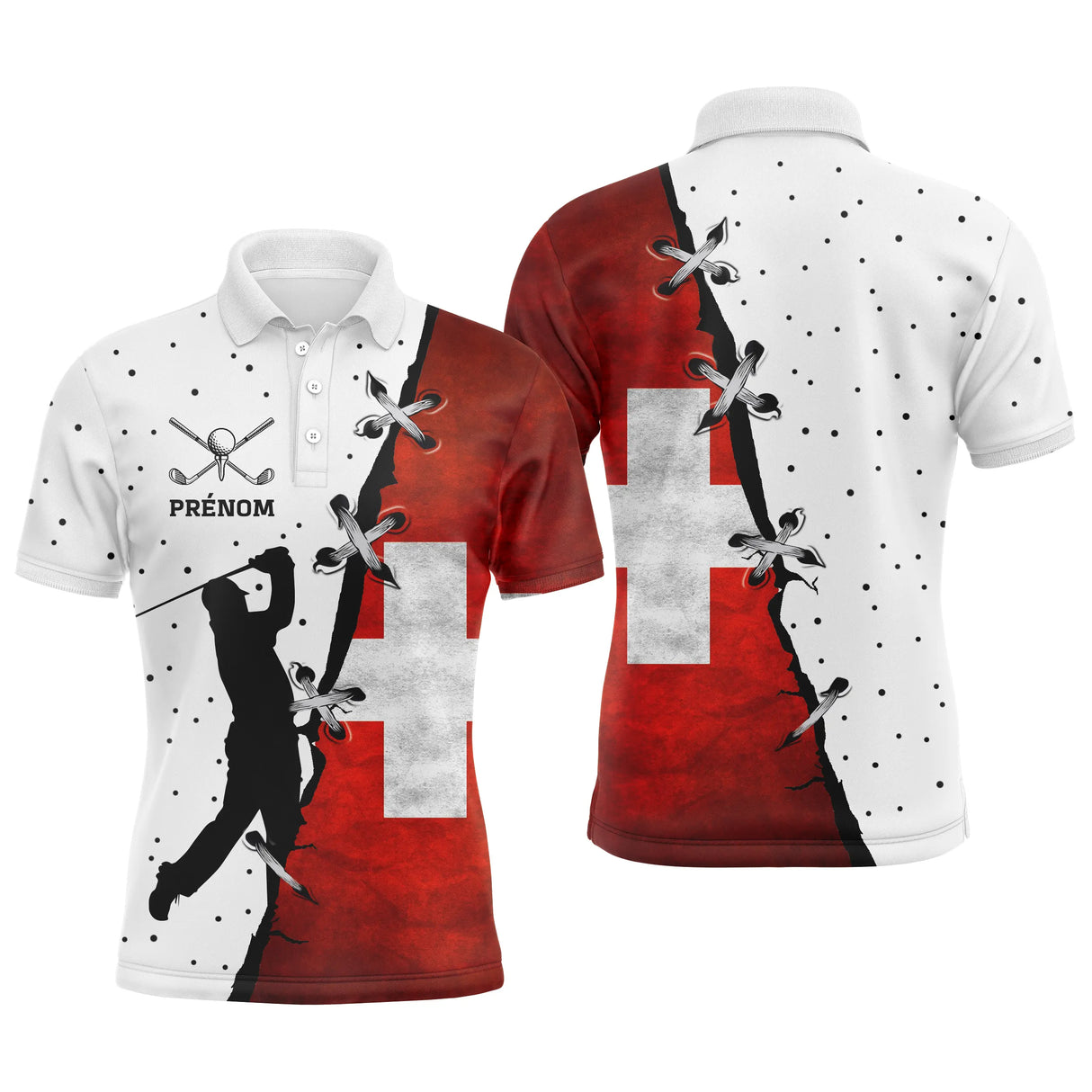 Polo de golf personnalisé homme bicolore blanc rouge avec drapeau suisse central et silhouette golfeur en swing