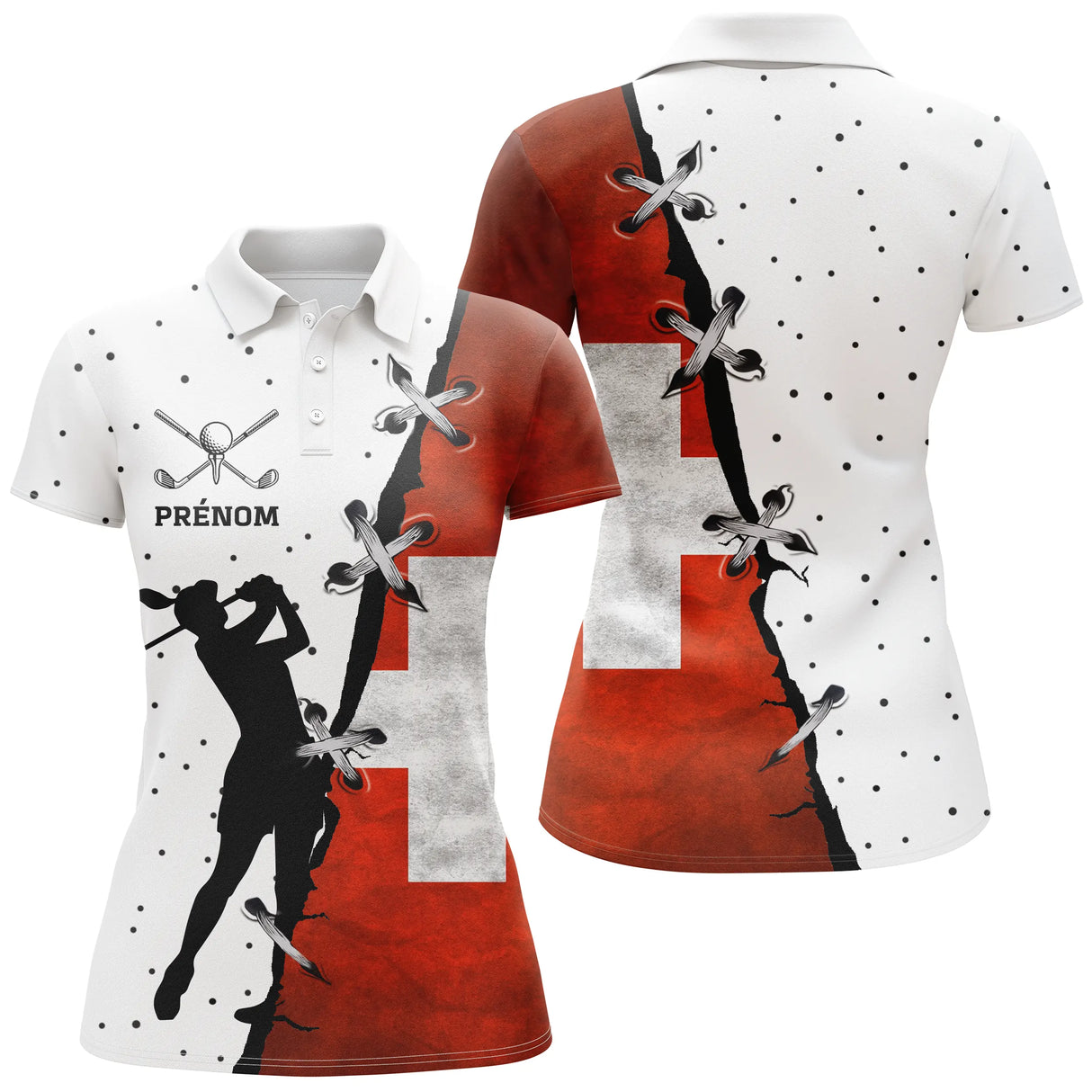 Polo de golf femme bicolore blanc et rouge drapeau suisse silhouette golfeuse coupe ajustée