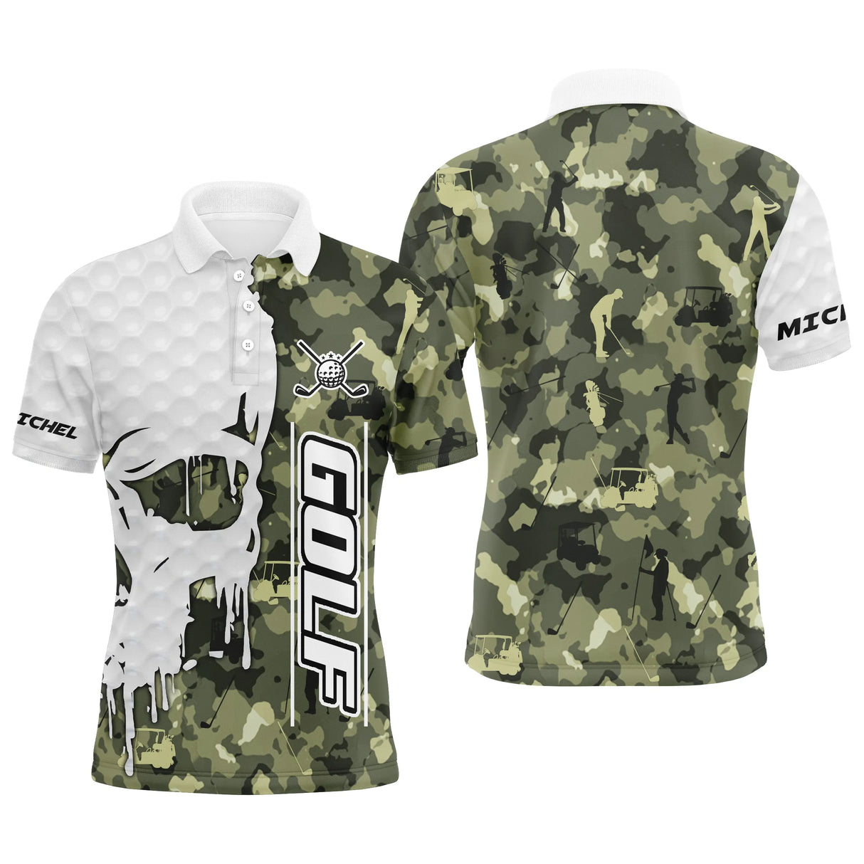 Polo de golf personnalisé homme camouflage vert kaki et blanc avec crâne, clubs croisés et lettrage GOLF