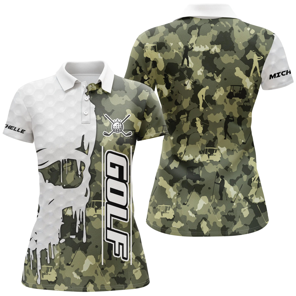 Polo de golf femme camouflage vert kaki et blanc avec crâne et clubs croisés coupe ajustée féminine