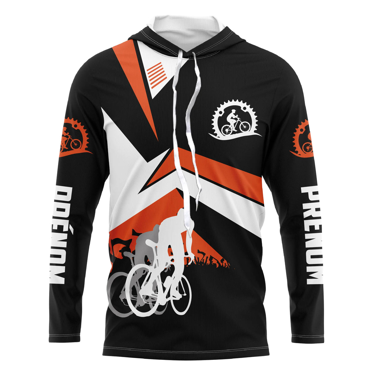Maillot cyclisme orange et noir all-over homme avec cyclistes en course et écusson, prénom personnalisé