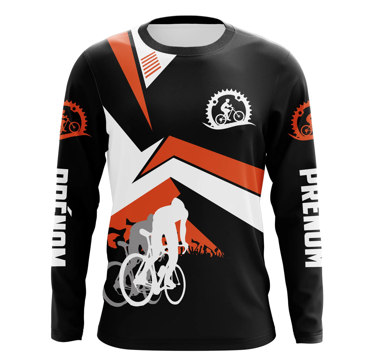 Maillot cyclisme orange et noir all-over homme avec cyclistes en course et écusson, prénom personnalisé