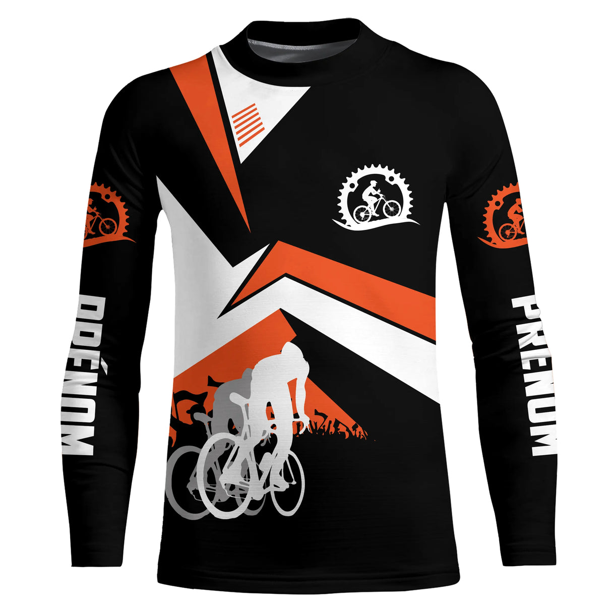 Maillot cyclisme orange et noir all-over homme avec cyclistes en course et écusson, prénom personnalisé