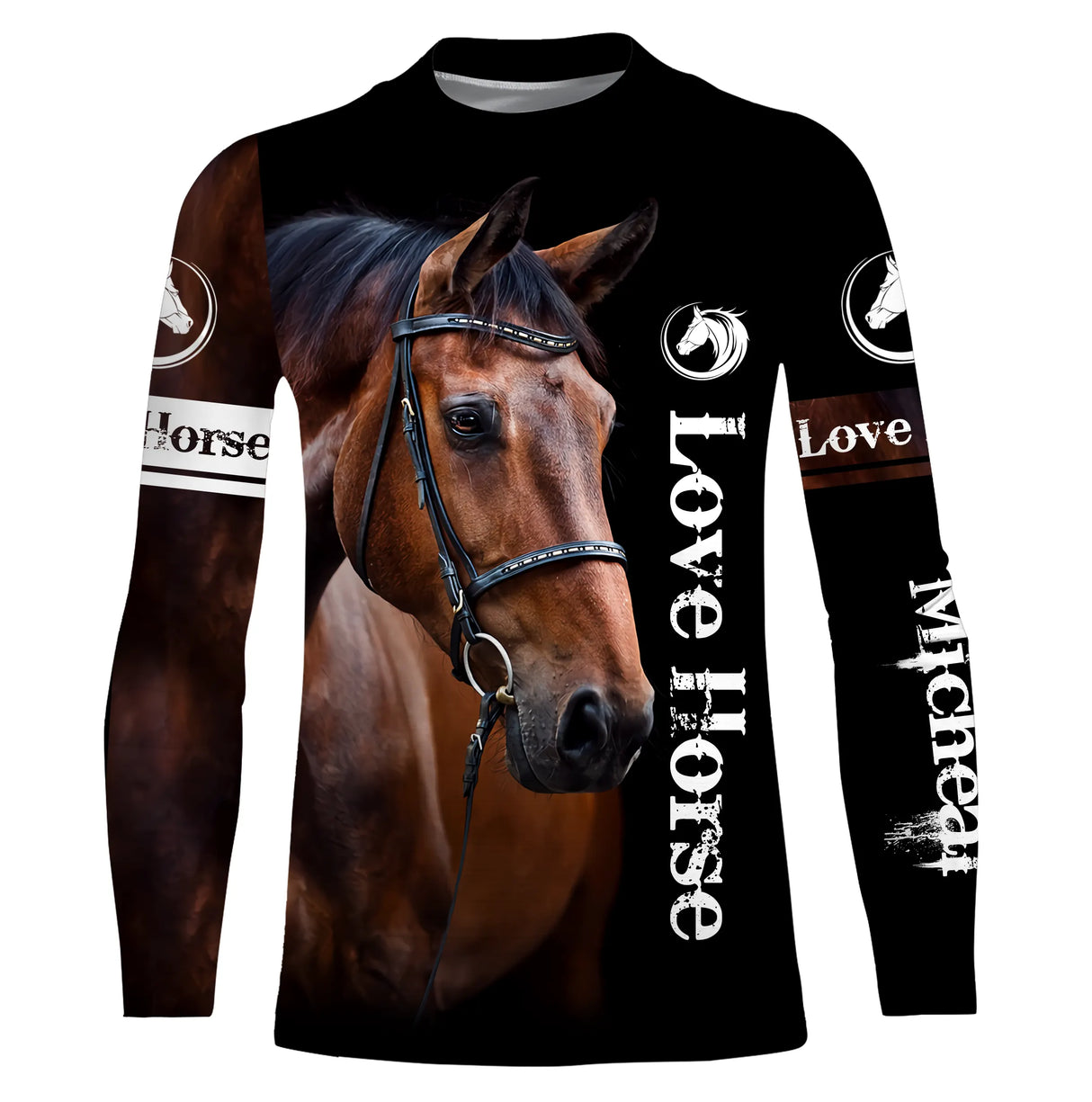 Sweat capuche cheval bai all-over fond noir motif cheval bai expressif Love Horse cavalière prénom personnalisé