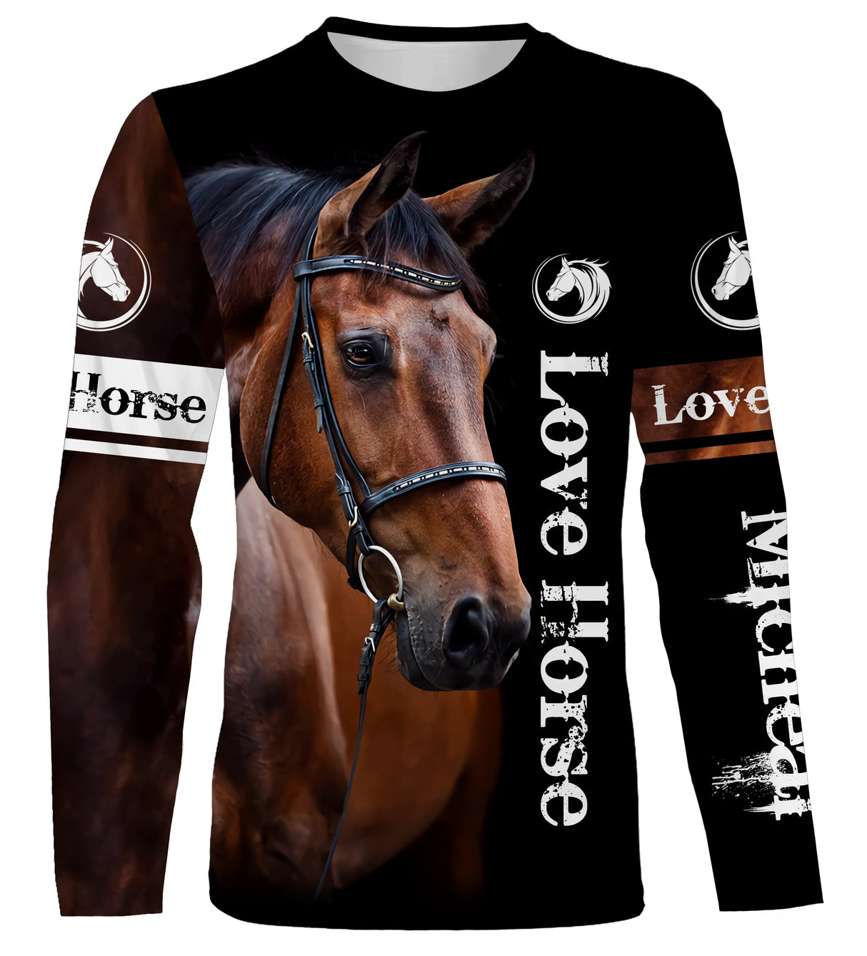 T-shirt manches longues cheval bai all-over fond noir motif cheval bai gros plan Love Horse prénom personnalisé