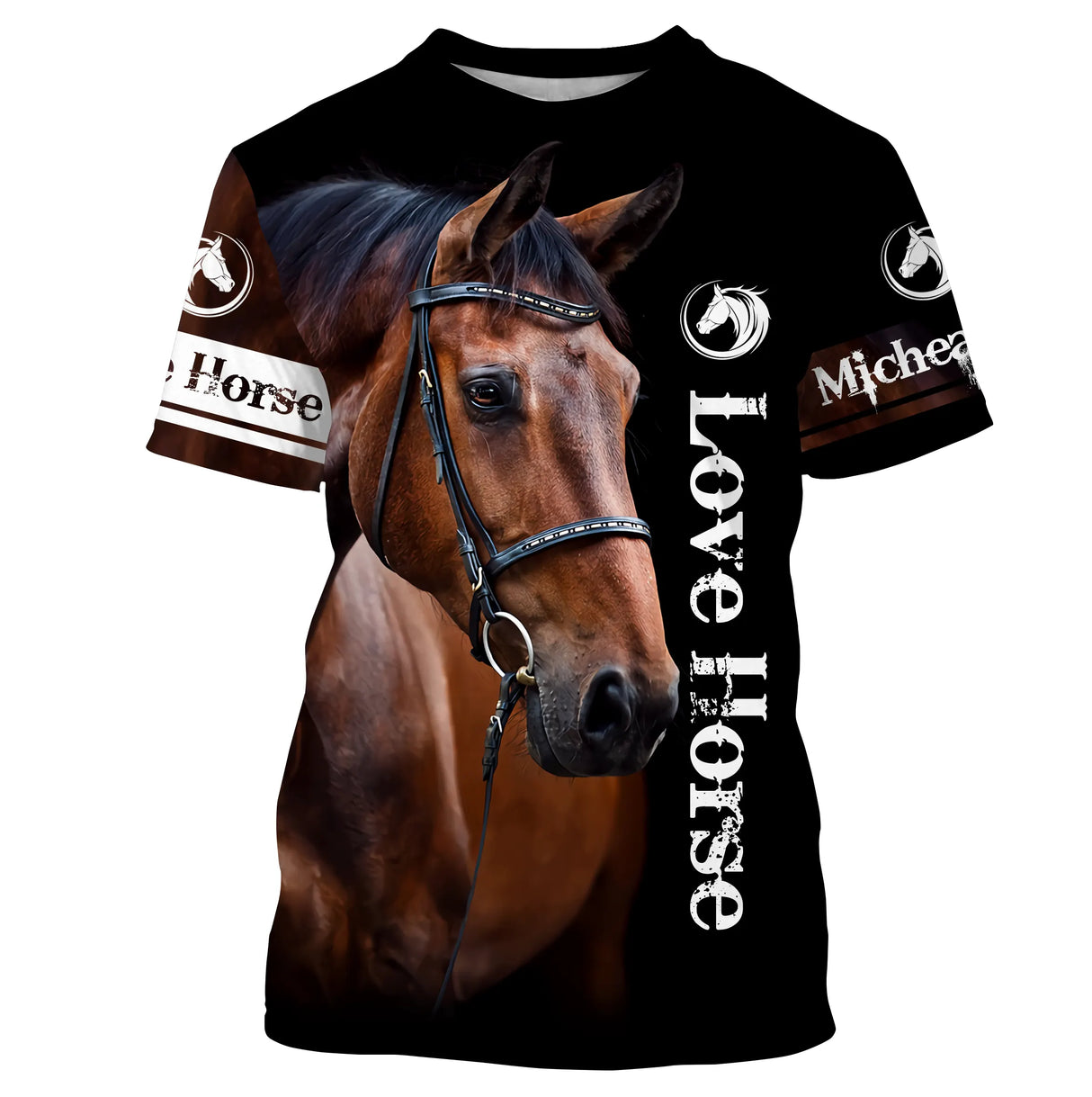 T-shirt cheval bai all-over fond noir motif cheval bai expressif gros plan slogan Love Horse prénom personnalisé