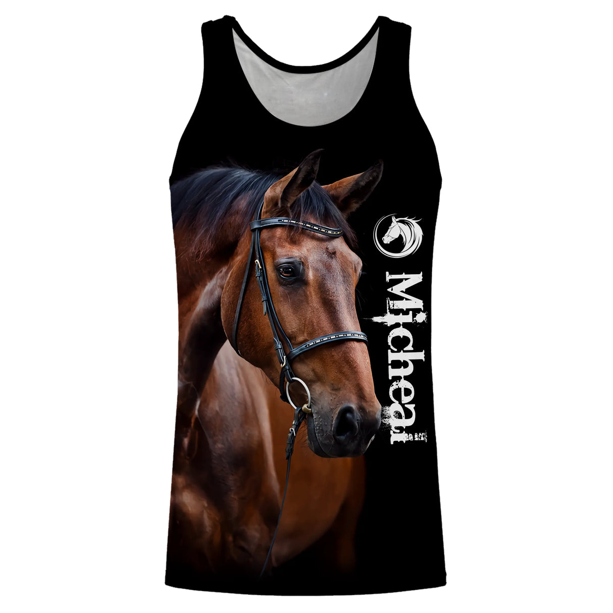 Hoodie cheval bai all-over fond noir motif cheval bai gros plan Love Horse prénom personnalisé cavalier monture