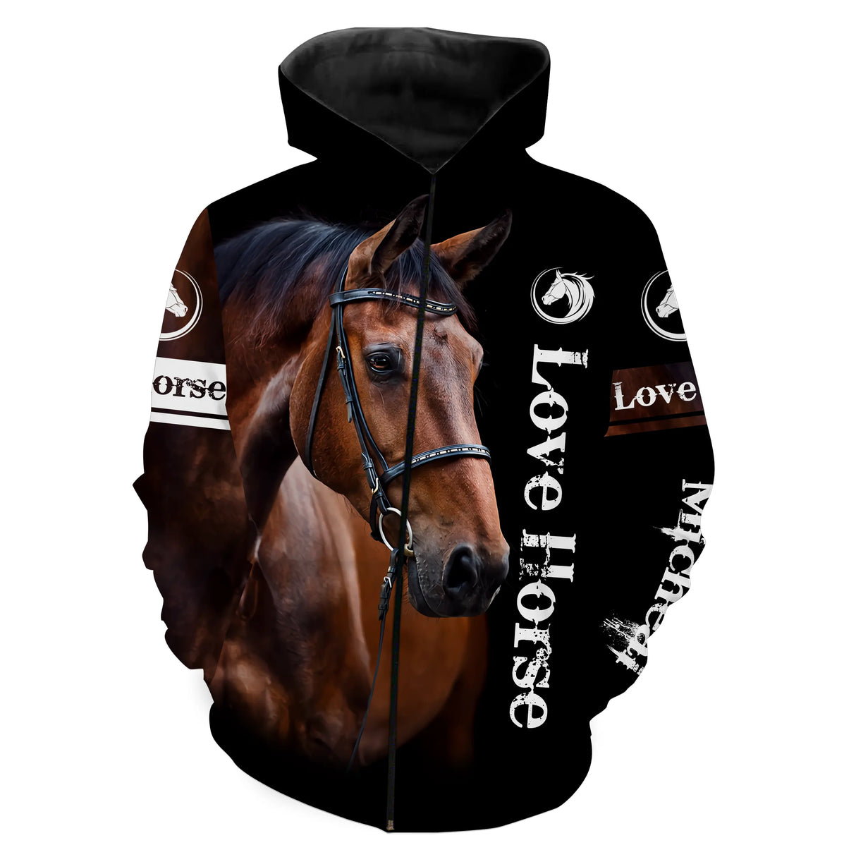 T-shirt amoureux cheval bai all-over fond noir motif cheval bai gros plan slogan Love Horse cavalier prénom personnalisé