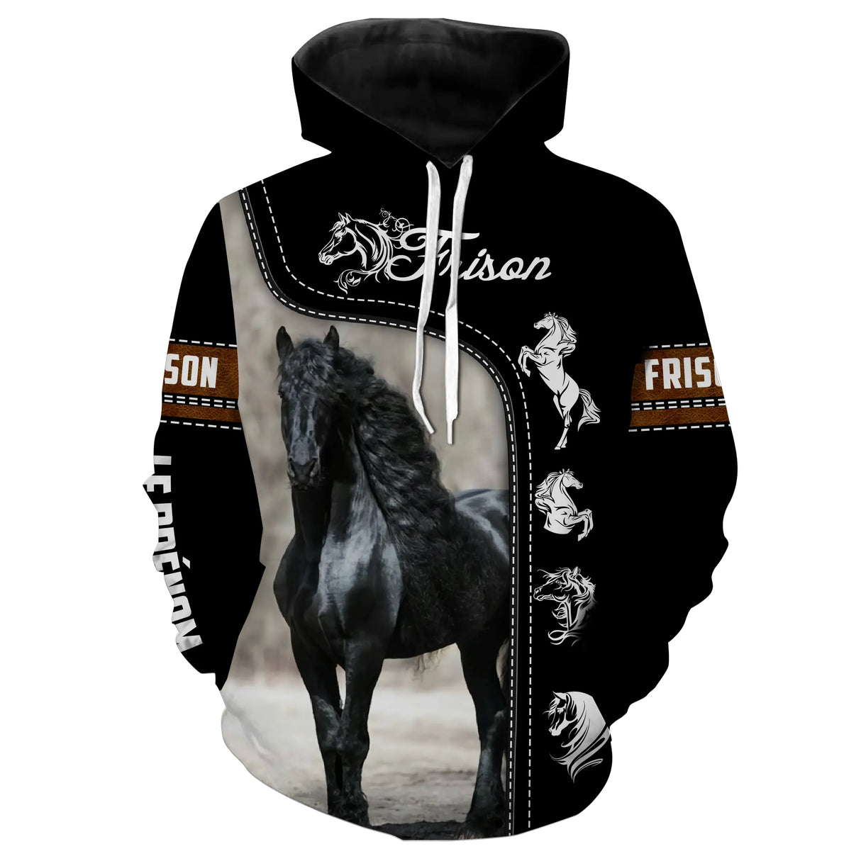 Sweat zippé cheval Frison all-over fond noir motif Frison noir bordures dorées cavalier prénom personnalisé attelage