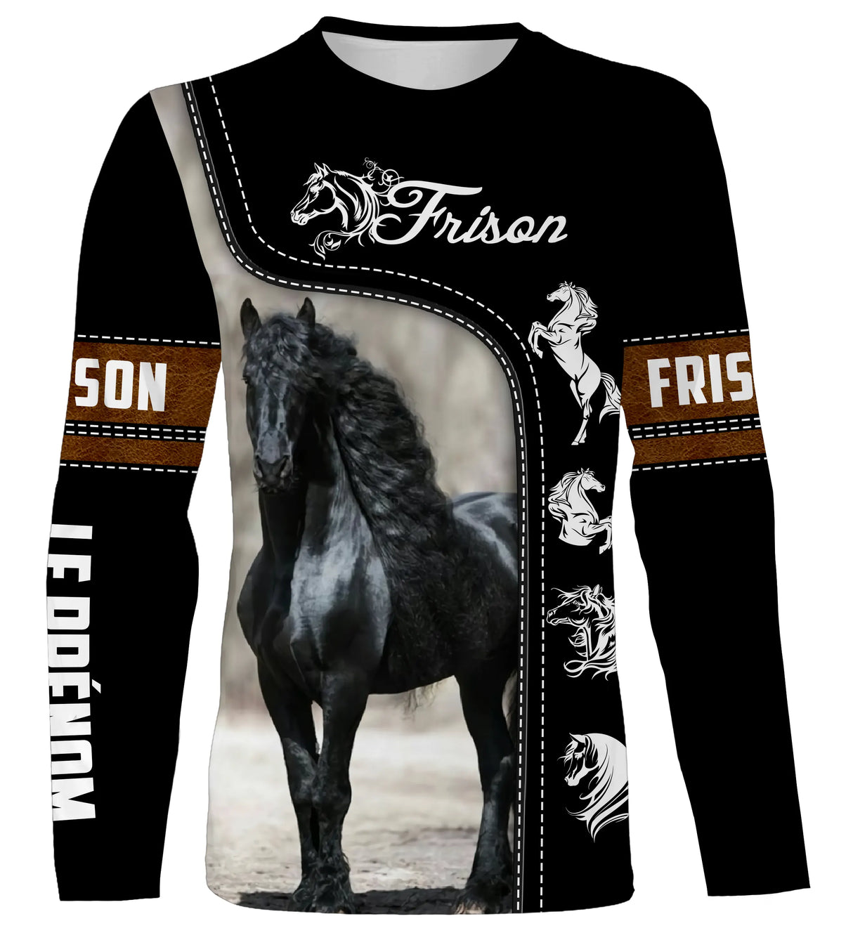 T-shirt manches longues cheval Frison all-over fond noir motif Frison noir bordures dorées cavalier prénom personnalisé