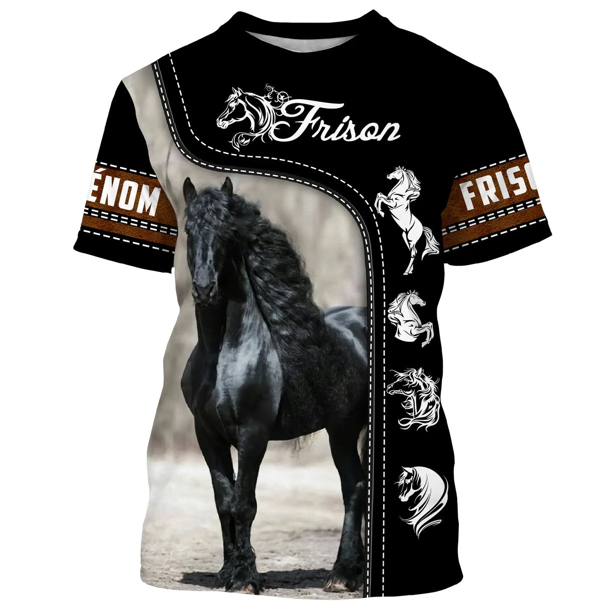 T-shirt cheval Frison all-over fond noir motif Frison noir longs crins ondulants bordures dorées prénom personnalisé
