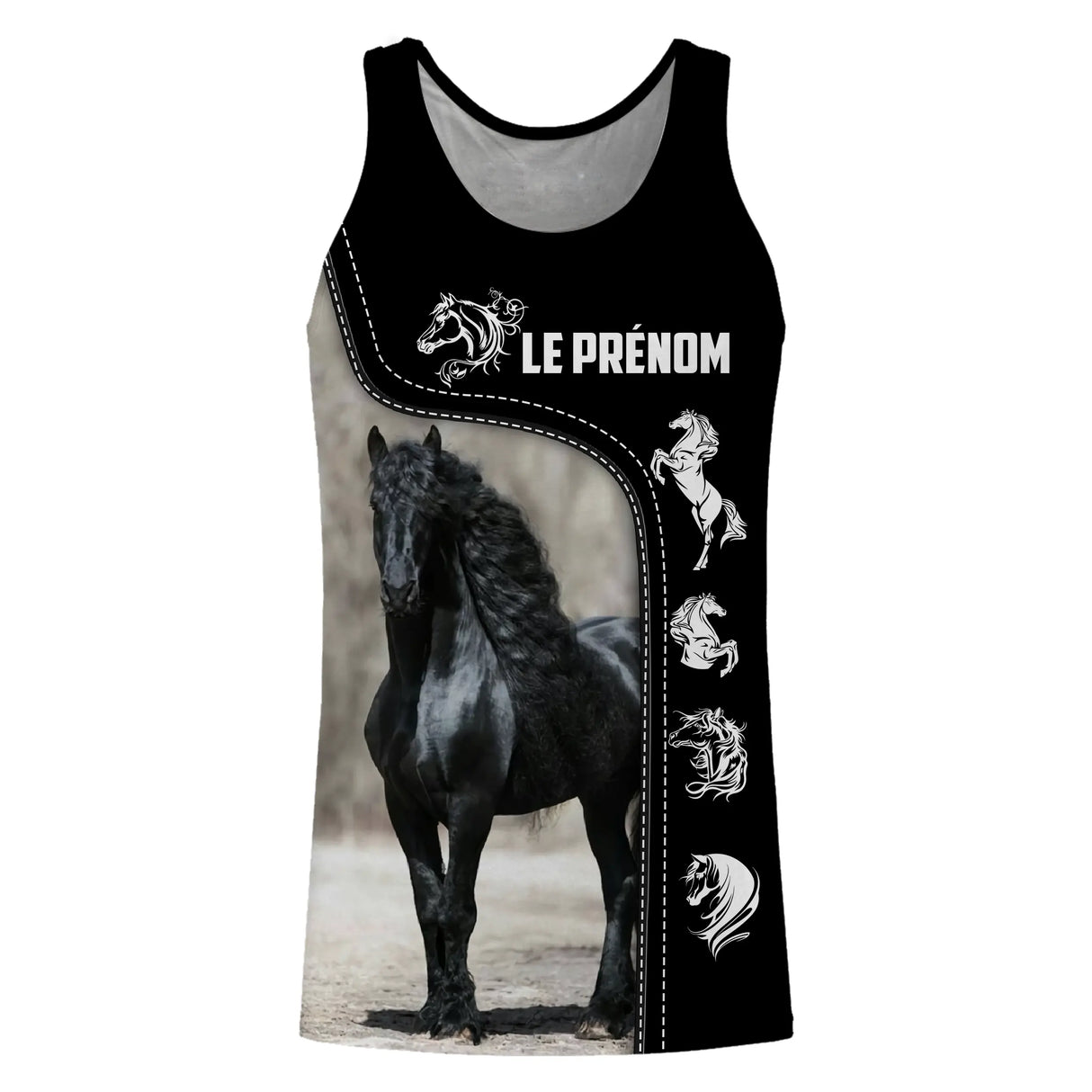 Hoodie cheval Frison all-over fond noir motif Frison noir longs crins bordures dorées prénom personnalisé