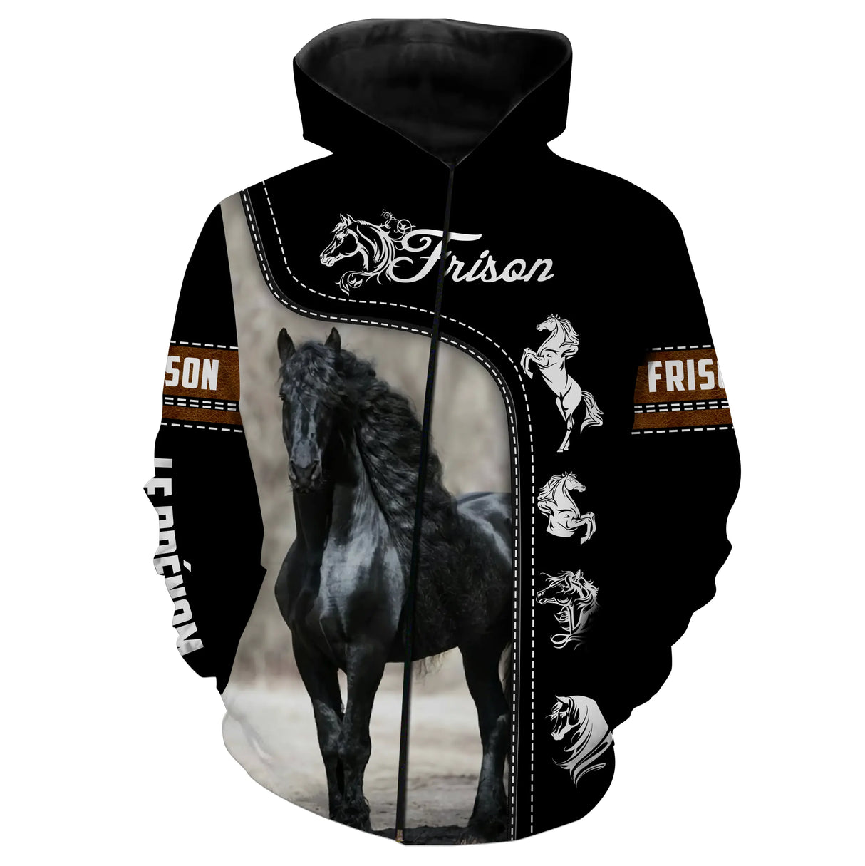 T-shirt amoureux cheval Frison all-over fond noir motif Frison noir longs crins cavalier prénom personnalisé