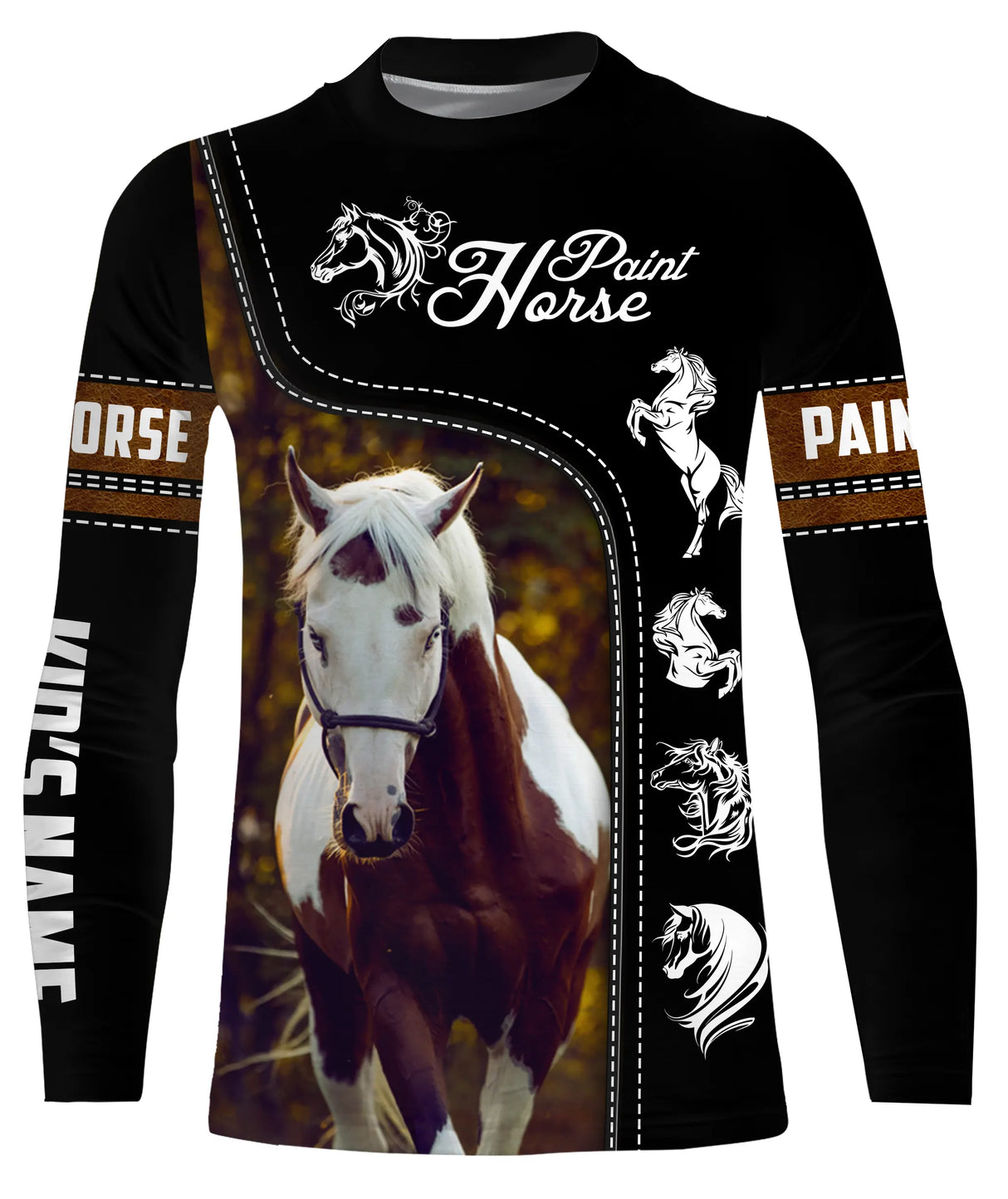 Sweat capuche cheval Paint Horse all-over fond noir motif Paint Horse blanc alezan cavalier prénom personnalisé