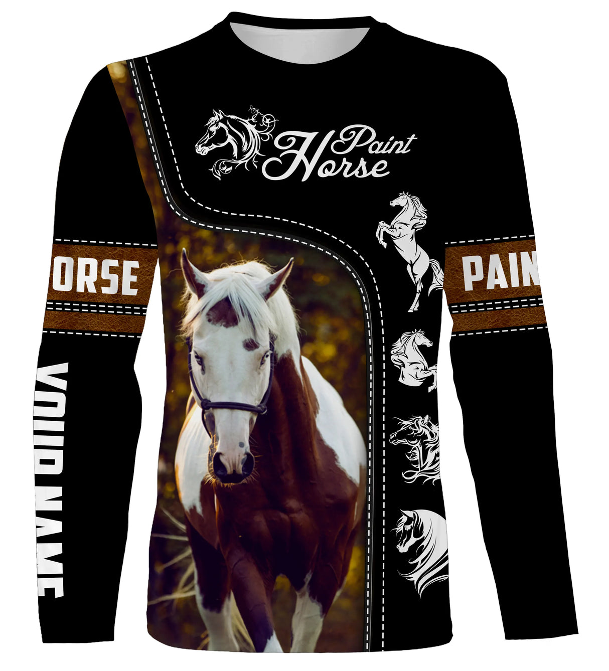 T-shirt manches longues cheval Paint Horse all-over fond noir motif Paint Horse pinto bordures dorées prénom personnalisé