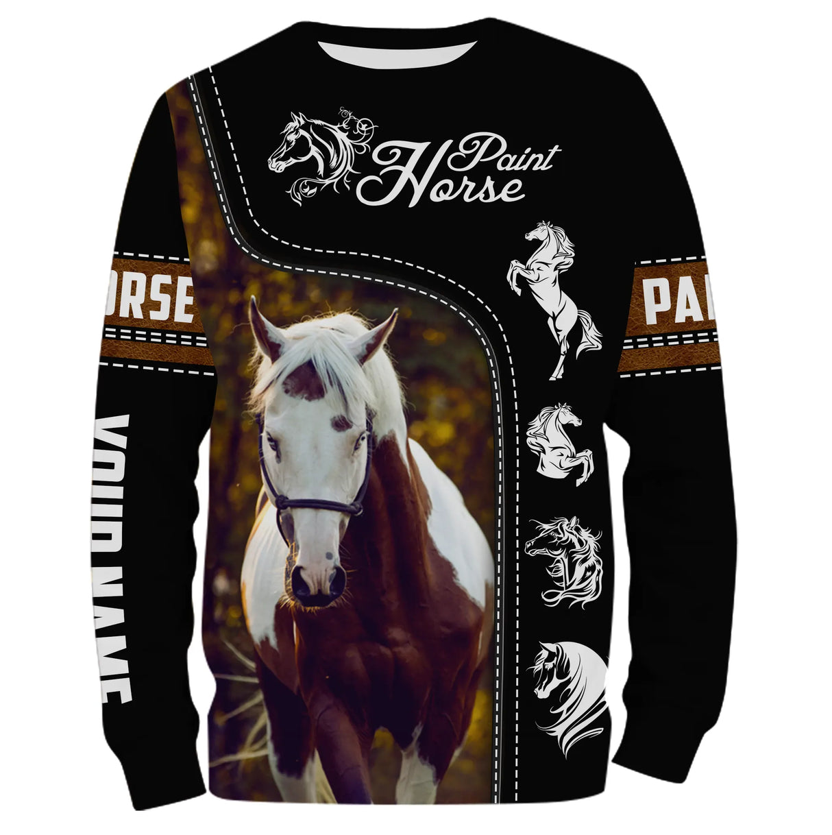 Hoodie cheval Paint Horse all-over fond noir motif Paint Horse pinto bordures dorées prénom personnalisé monture