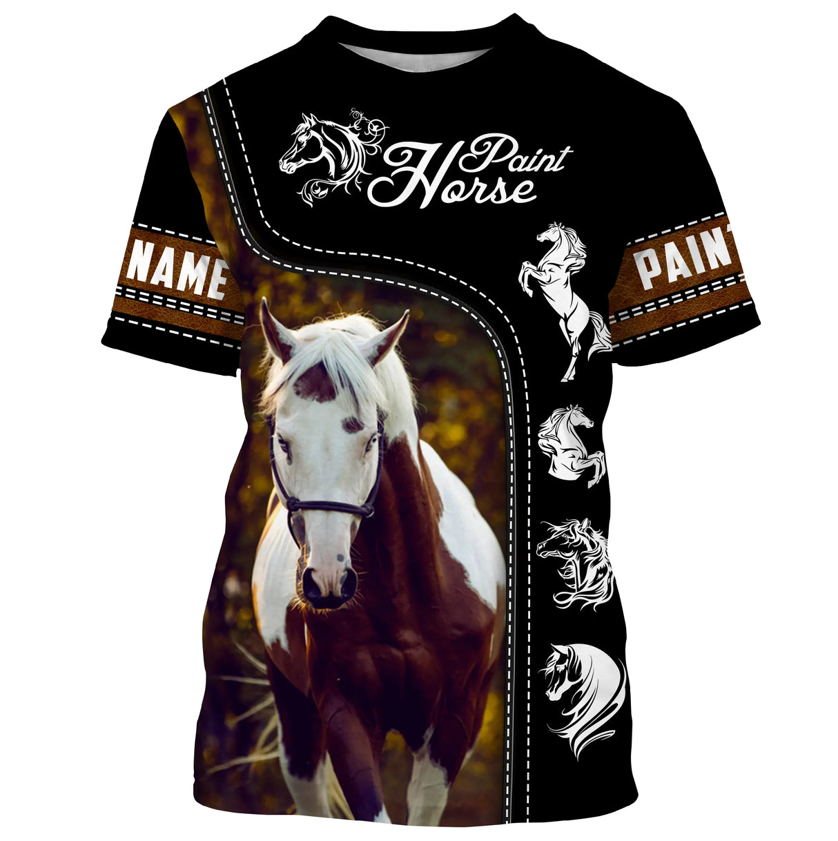 T-shirt cheval Paint Horse all-over fond noir motif Paint Horse blanc alezan gros plan bordures dorées prénom personnalisé