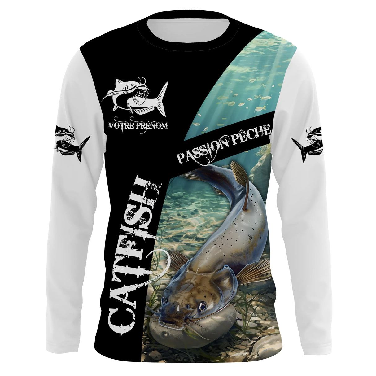 Manches longues anti-UV pêche silure noir et blanc motif silure Catfish Passion all-over