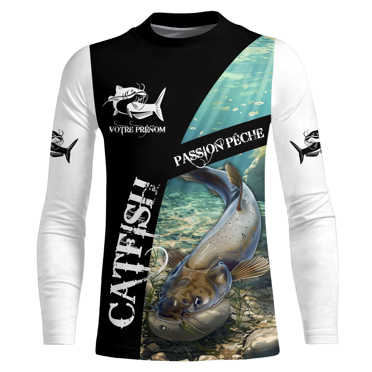 T-shirt all-over pêche silure noir et blanc silure imposant Catfish Passion coupe unisexe