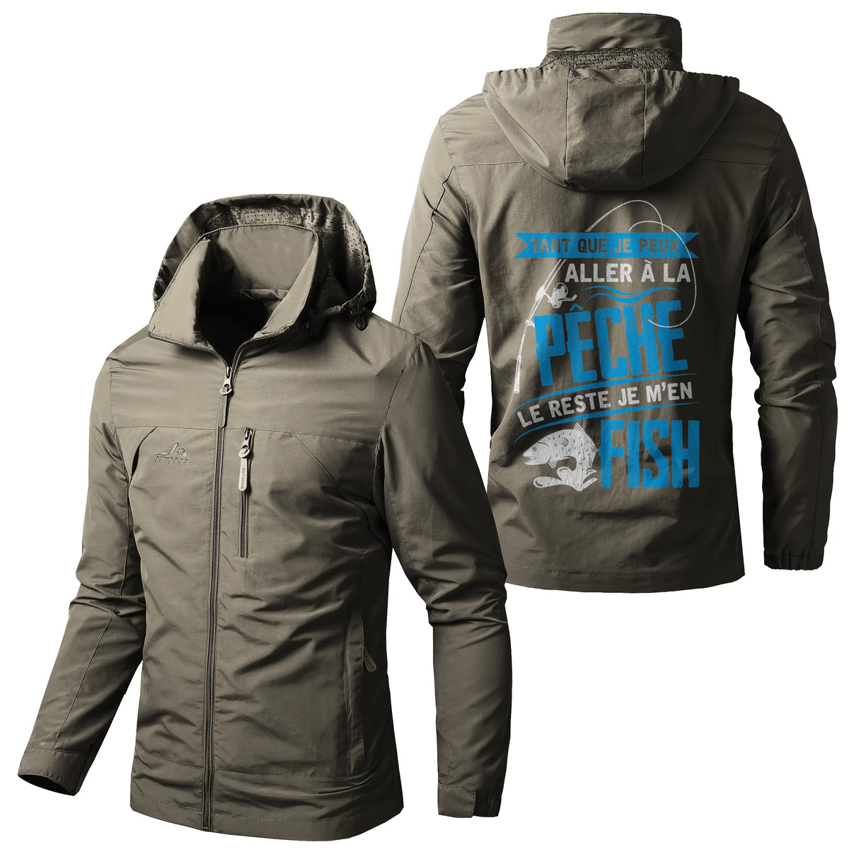 Veste pêche vert kaki à capuche avec slogan humour pêche m'en fish