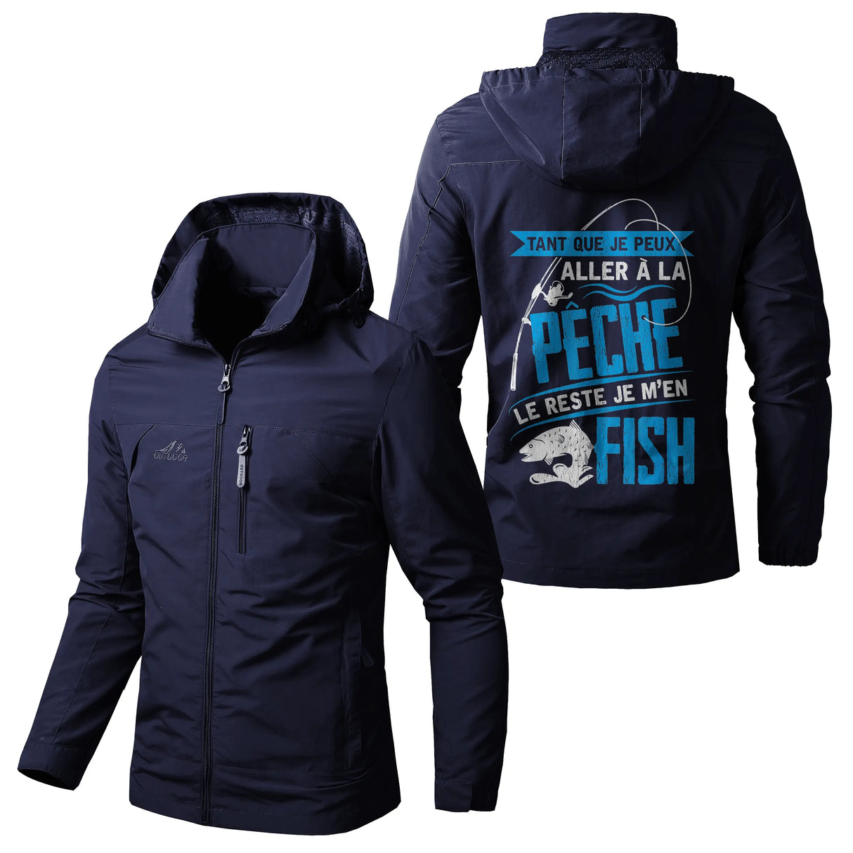 Veste pêche marine à capuche avec inscription je m'en fish