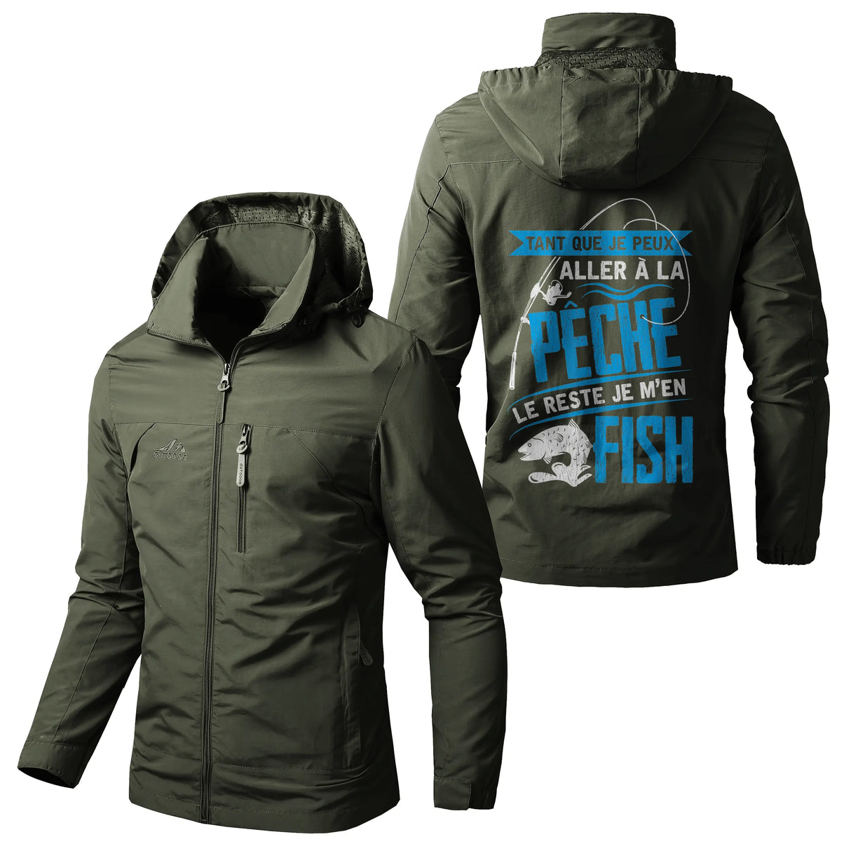 Veste pêche vert militaire à capuche avec slogan humour reste m'en fish