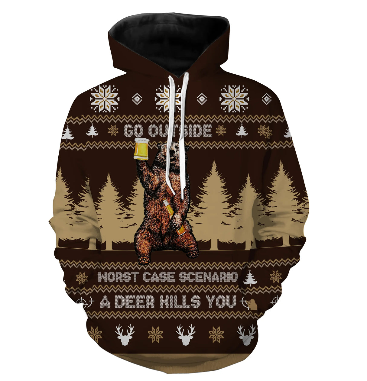 Sweat zippé Noël ours bière motifs jacquard cerfs et flocons, tenue festive humoristique
