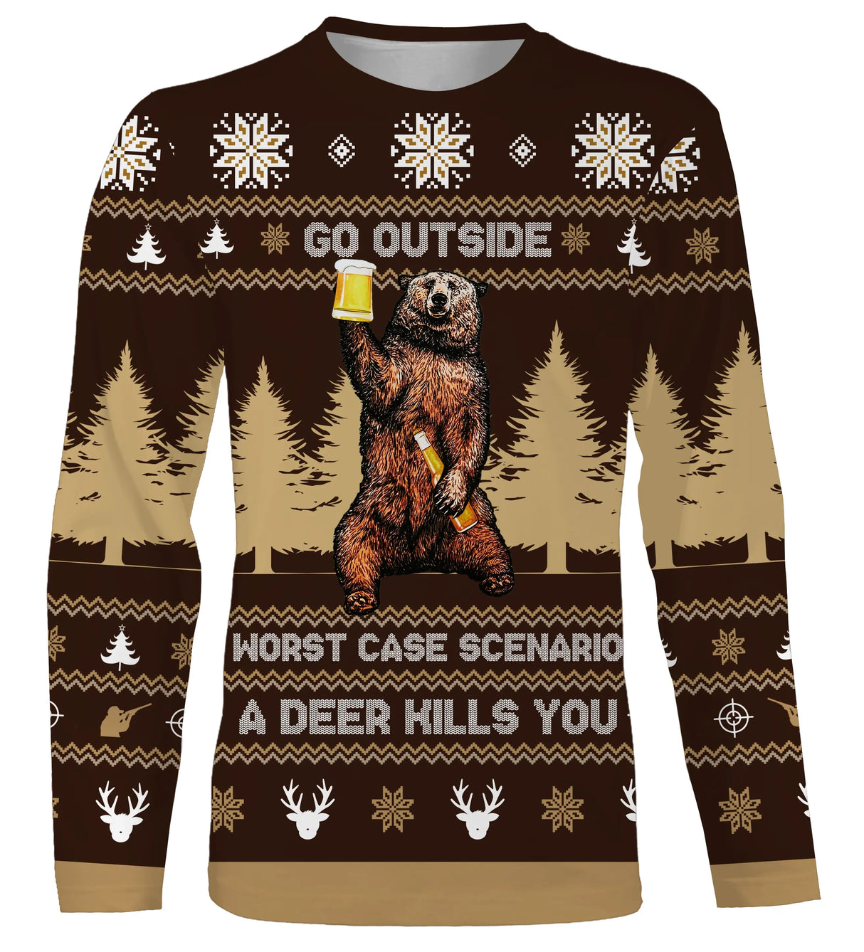 Sweater Noël ours bière jacquard motifs sapins et flocons, coupe unisexe humour chasseur famille