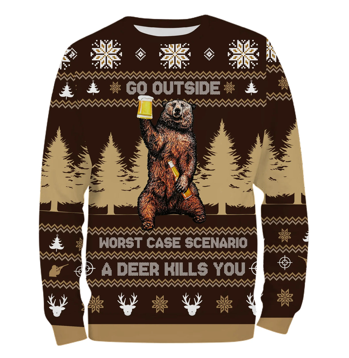 Sweat à capuche Noël ours buveur bière, design jacquard ugly christmas sweater pour chasseur