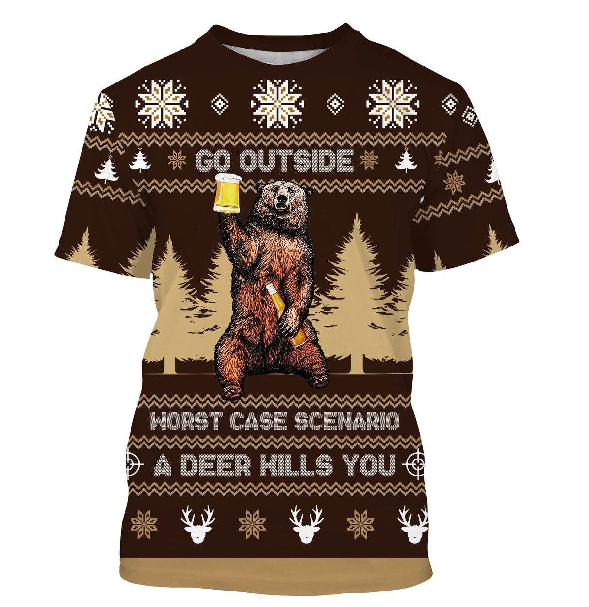 Pull Noël ours bière brun caramel avec ours buvant et lettrage Go Outside Worst Case Scenario A Deer Kills You
