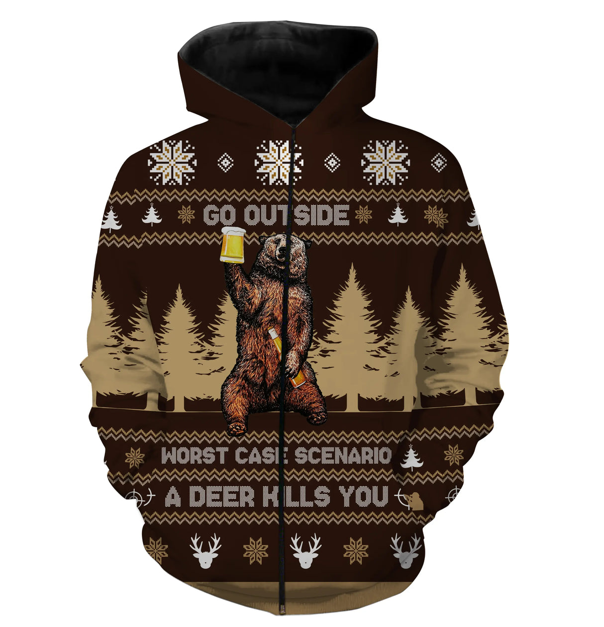 T-shirt Noël ours buvant bière motif Go Outside, design all-over festif pour passionné de nature