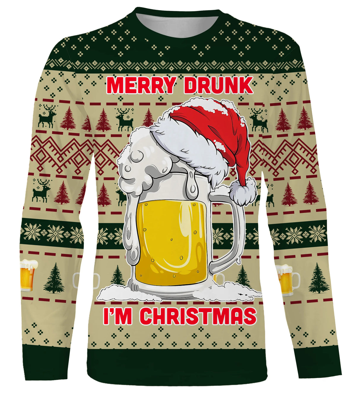 Sweater Noël Merry Drunk bière motifs jacquard sapins et flocons, coupe unisexe humour fête