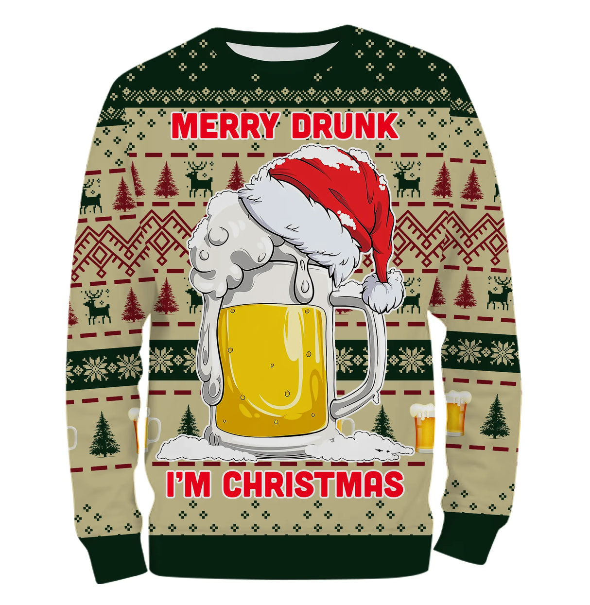 Sweat à capuche Noël Merry Drunk bière vert et jaune, design ugly christmas sweater pour amateur houblon
