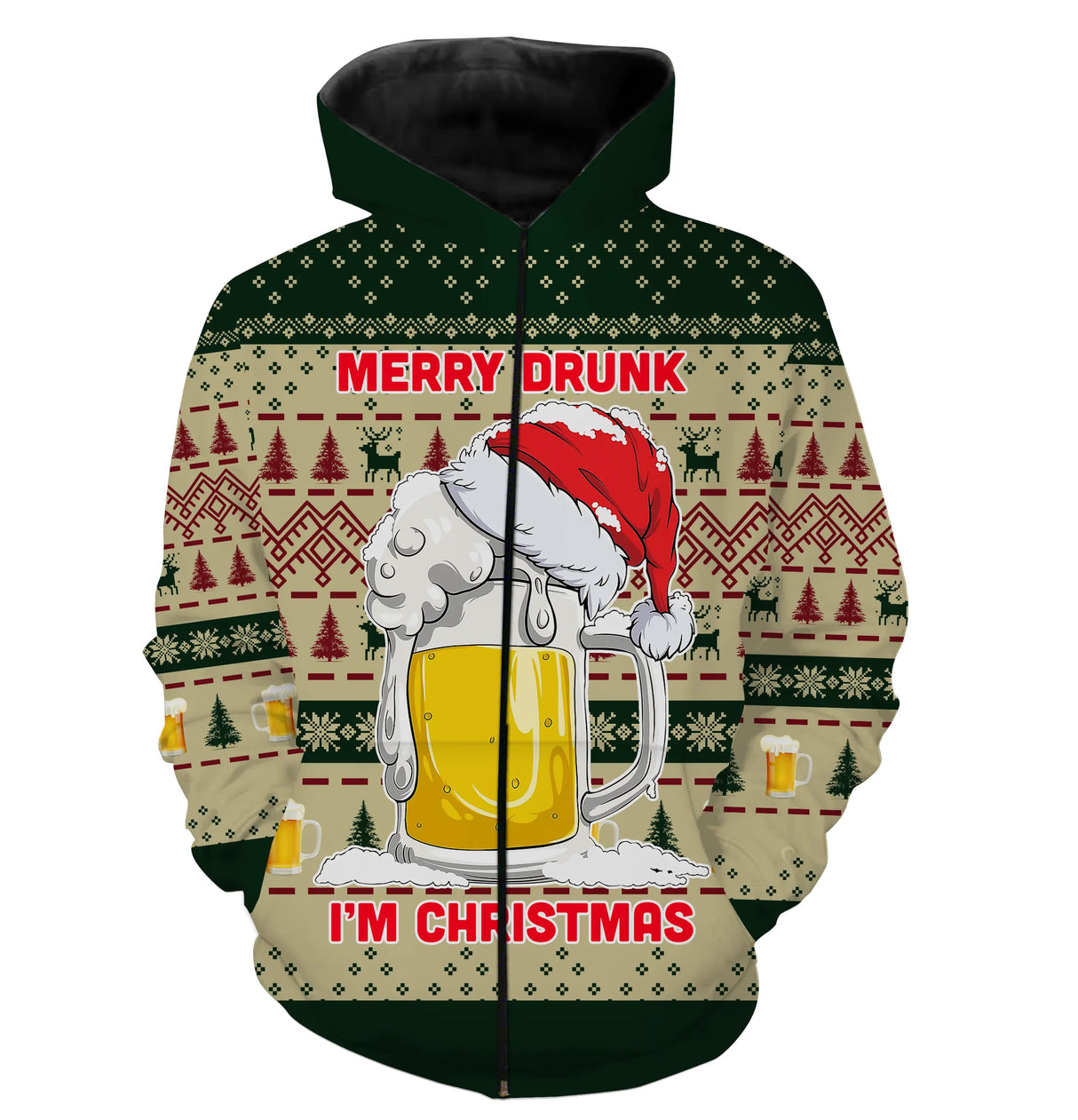 T-shirt Noël Merry Drunk I'm Christmas motif chope bière, design all-over festif unisexe