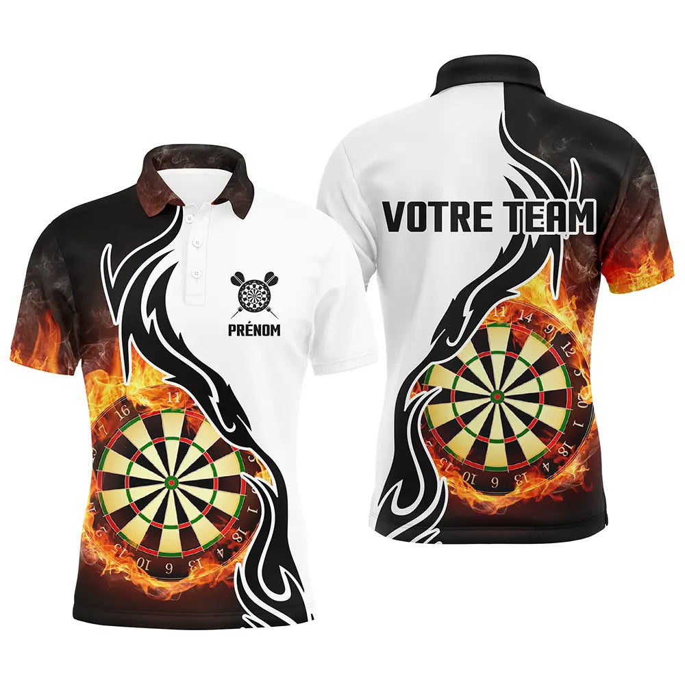 Polo fléchettes noir et blanc homme avec cibles en feu et flammes orange Darts Flame, prénom et équipe personnalisés