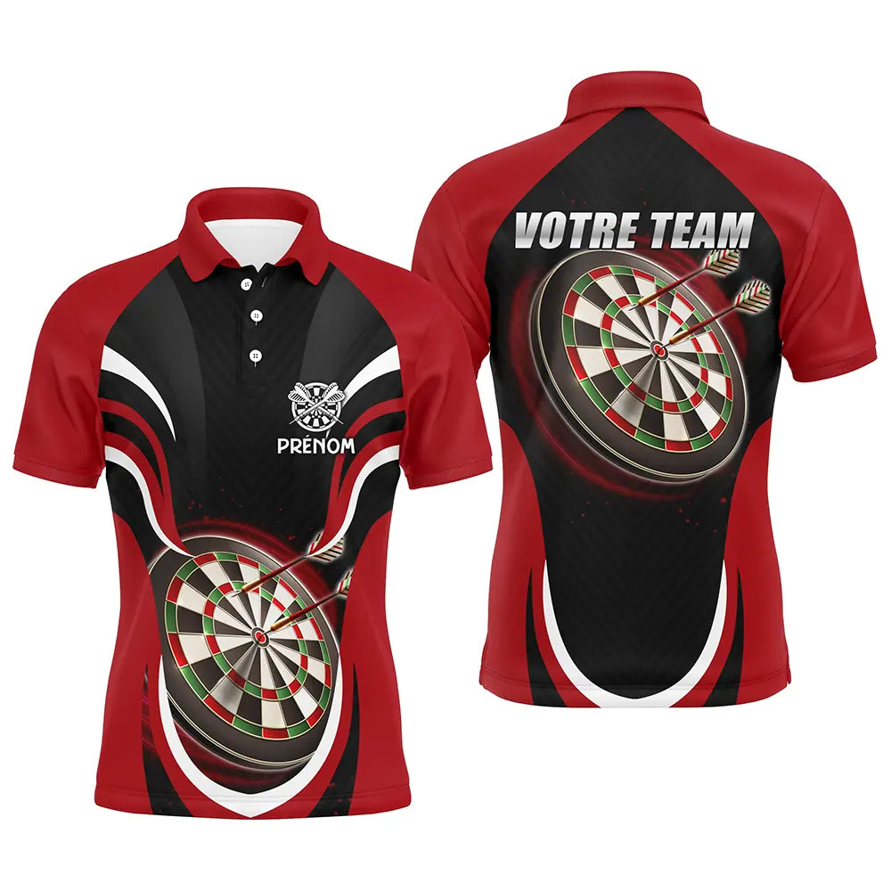Polo fléchettes noir et rouge homme avec cibles dynamiques Velocity aventurier, prénom et équipe personnalisés