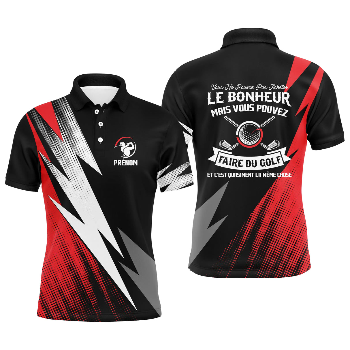 Polo de golf personnalisé homme rouge feu et noir avec éclairs dynamiques et lettrage Le Bonheur Faire Du Golf