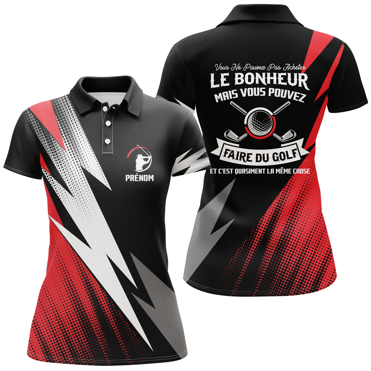 Polo de golf femme rouge feu et noir éclairs lettrage humoristique coupe ajustée féminine