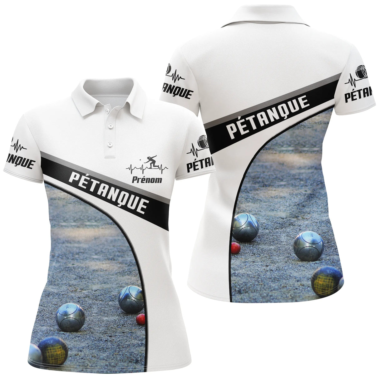 Polo pétanque blanc et noir femme avec boules sur terrain et écusson PÉTANQUE, prénom personnalisé