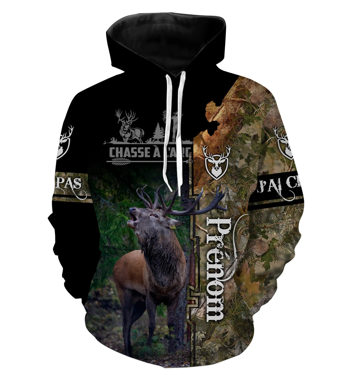 Sweat à capuche chasse cerf à l'arc camouflage forêt pour archer cynégétique, marquage prénom intégré
