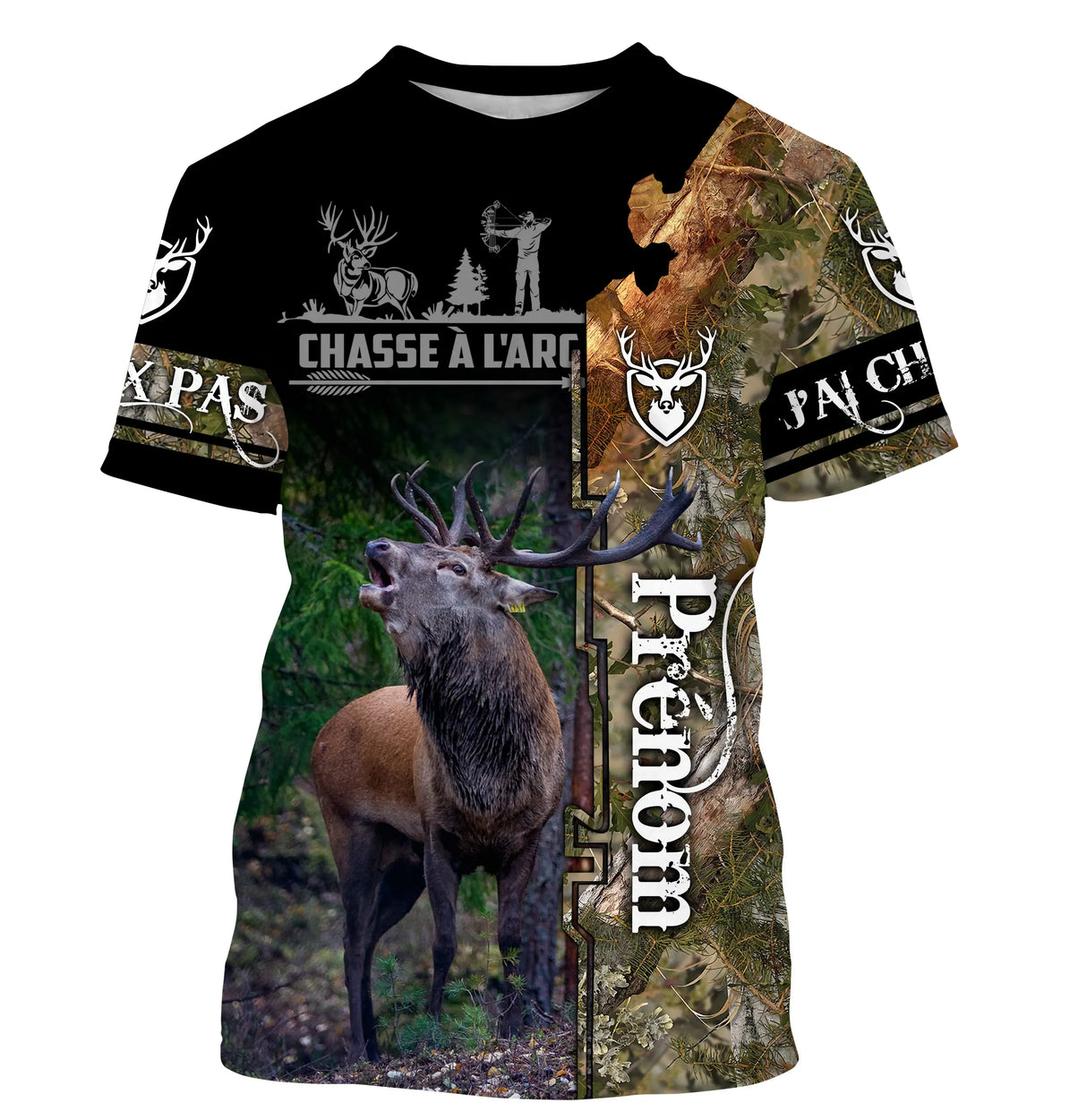 T-shirt chasse cerf à l'arc camouflage forêt vert noir avec grand cerf au brame et silhouette archer, prénom imprimé